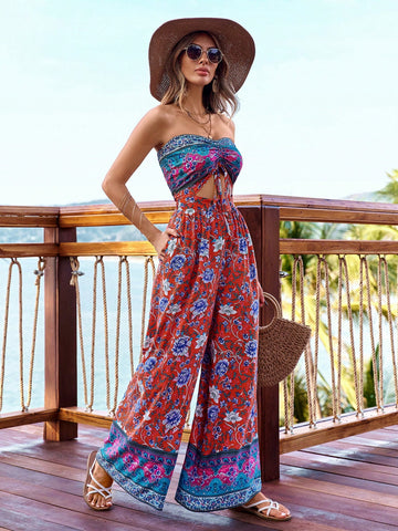 Women's Vacation Style Floral Print Sleeveless Drawstring Jumpsuit
