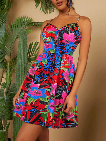VCAY Women's Vacation Style Frill-Trim Floral Print Spaghetti Strap Dress