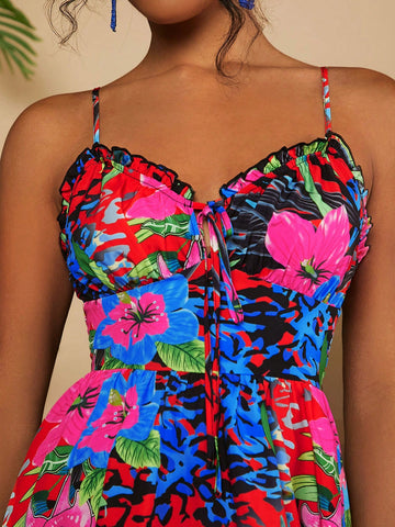 VCAY Women's Vacation Style Frill-Trim Floral Print Spaghetti Strap Dress