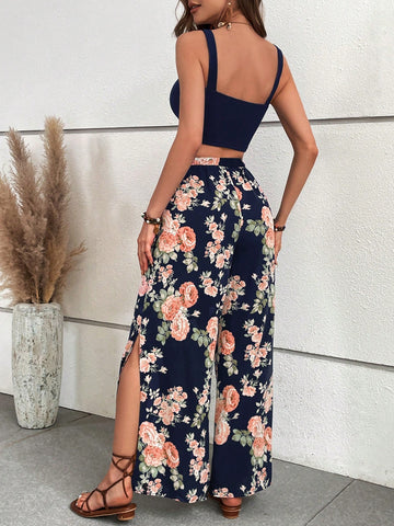 Women's Vacation Style Short Length Tank Top And Flower Printed Long Pants Two Piece Set