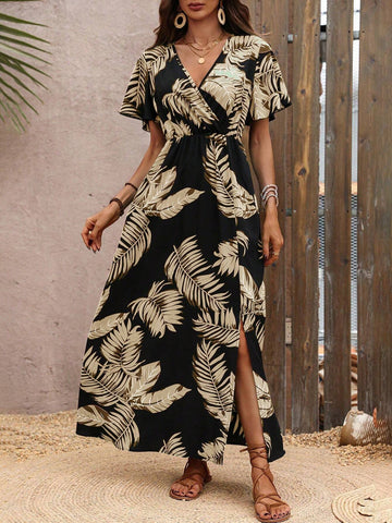 Women's Vacation Style Short Sleeve V-Neck Dress With Leaf Print