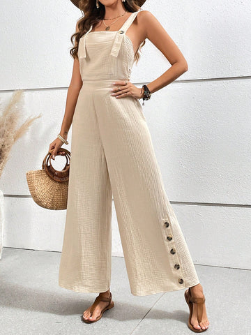 Women's Vacation Style Wide Leg Jumpsuit With Texture, Button Detailing And Spaghetti Straps