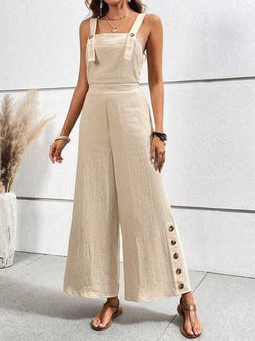 Women's Vacation Style Wide Leg Jumpsuit With Texture, Button Detailing And Spaghetti Straps