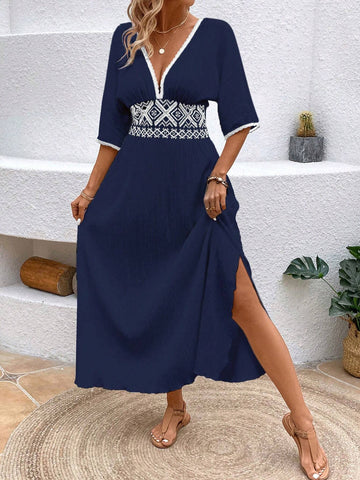 Women's Vintage Floral Deep V-Neck Dress