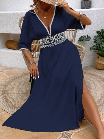 Women's Vintage Floral Deep V-Neck Dress