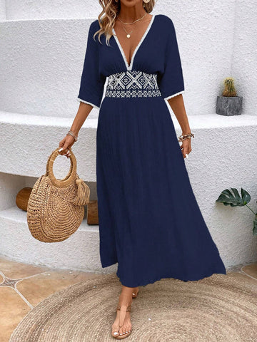 Women's Vintage Floral Deep V-Neck Dress