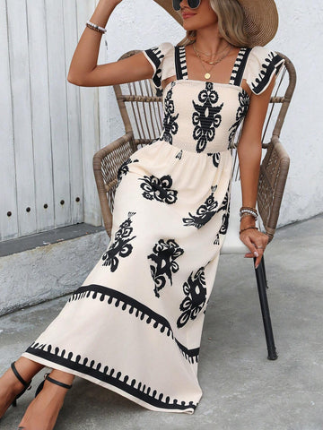 Women's Vintage Print Empire Waist Long Beach Holiday Dress