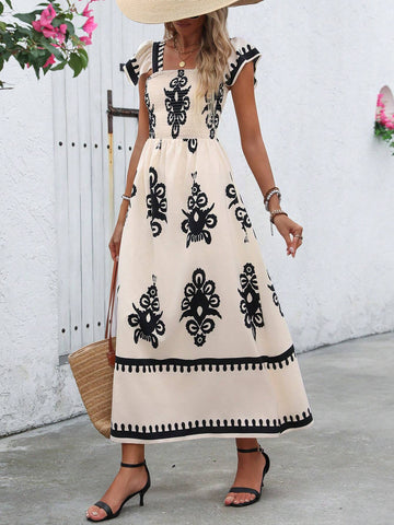Women's Vintage Print Empire Waist Long Beach Holiday Dress