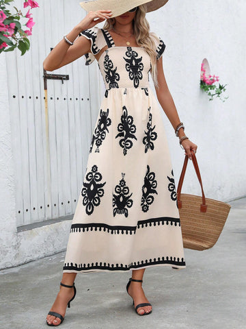 Women's Vintage Print Empire Waist Long Beach Holiday Dress