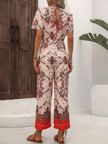 Women's Vintage Printed High-Waisted Jumpsuit