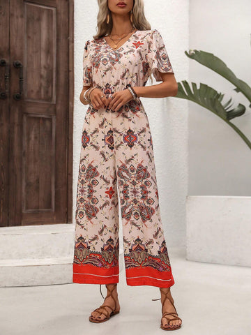 Women's Vintage Printed High-Waisted Jumpsuit