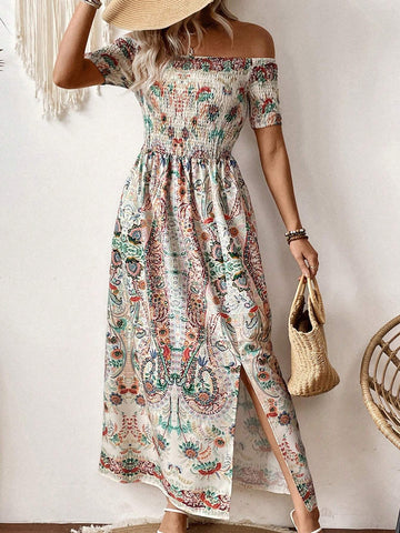 Women's Vintage Printed One Shoulder High Slit Dress