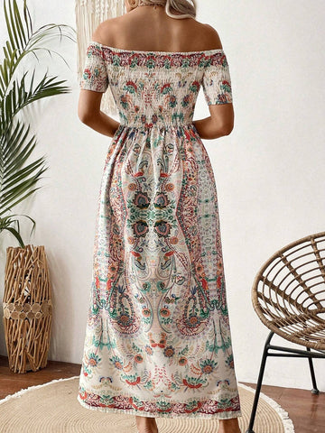 Women's Vintage Printed One Shoulder High Slit Dress