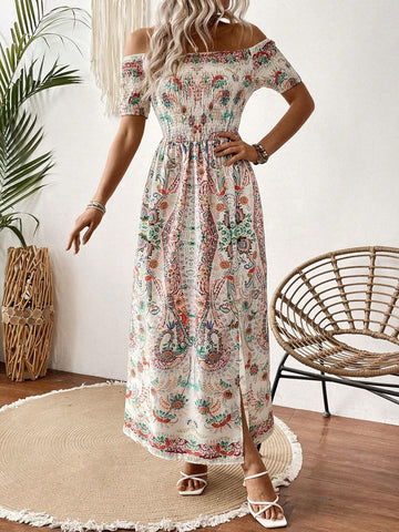Women's Vintage Printed One Shoulder High Slit Dress
