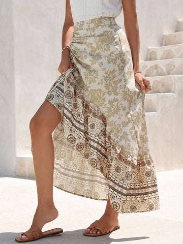 VCAY Womens" Vintage Printed Pleated Skirt For Vacation Outfits