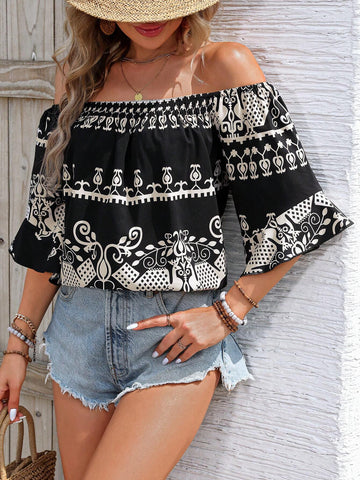 VCAY Women's Vintage Style Printed Off Shoulder Simple Daily Shirt