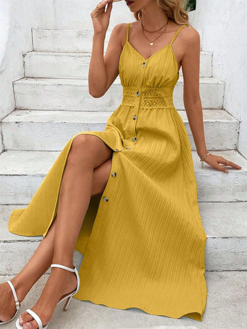 Women's Waist Paneled Lace Single-Breasted Slip Dress