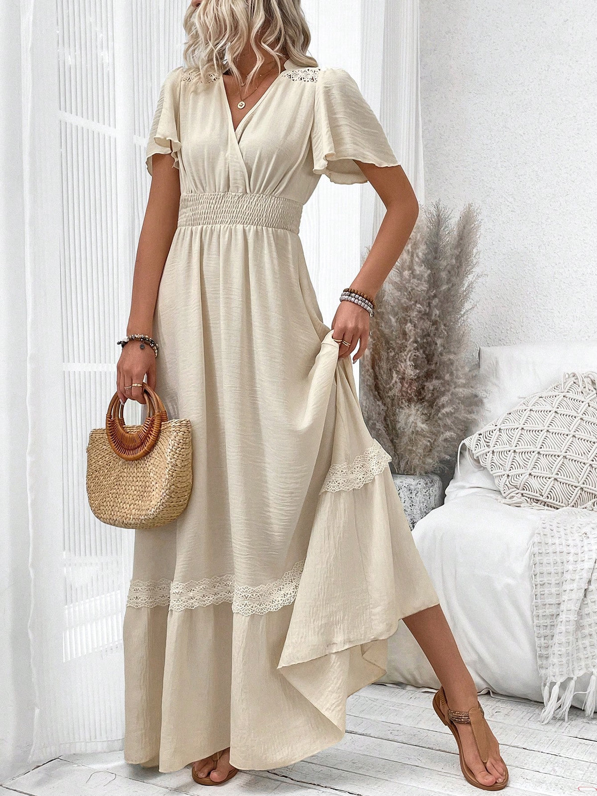 VCAY Women's Waist Shirred Ruffle Short Sleeve V-Neck Dress