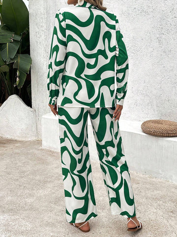 Women's Wave Print Shirt Top And Wide Leg Pants Casual Set