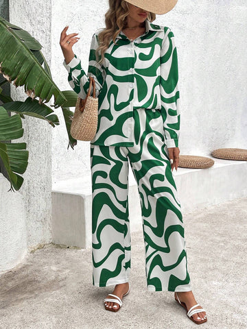 Women's Wave Print Shirt Top And Wide Leg Pants Casual Set