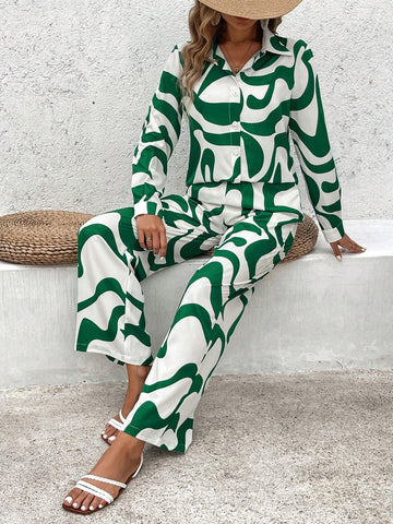 Women's Wave Print Shirt Top And Wide Leg Pants Casual Set