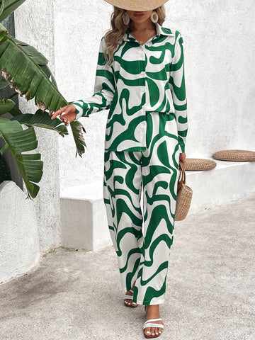 Women's Wave Print Shirt Top And Wide Leg Pants Casual Set