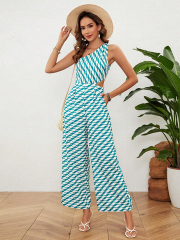 Women's Wave Stripe Single Shoulder Cutout Sleeveless Jumpsuit