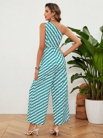 Women's Wave Stripe Single Shoulder Cutout Sleeveless Jumpsuit