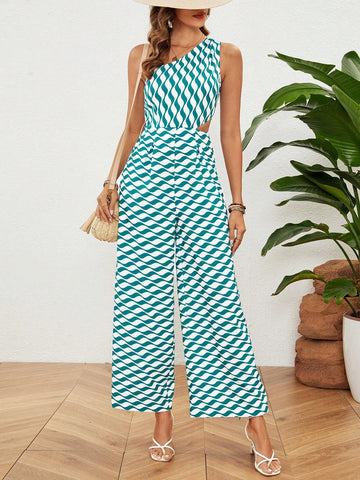 Women's Wave Stripe Single Shoulder Cutout Sleeveless Jumpsuit