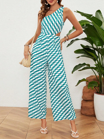 Women's Wave Stripe Single Shoulder Cutout Sleeveless Jumpsuit