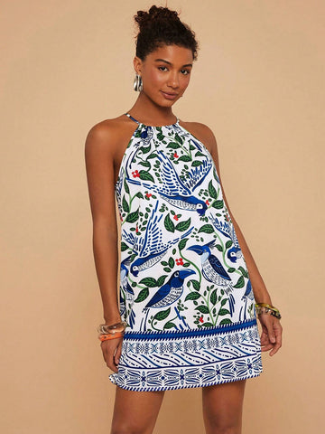 Woven Floral Print Ruffle Shoulder Women's Short Dress