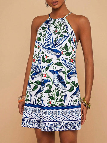 Woven Floral Print Ruffle Shoulder Women's Short Dress