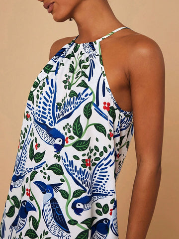 Woven Floral Print Ruffle Shoulder Women's Short Dress