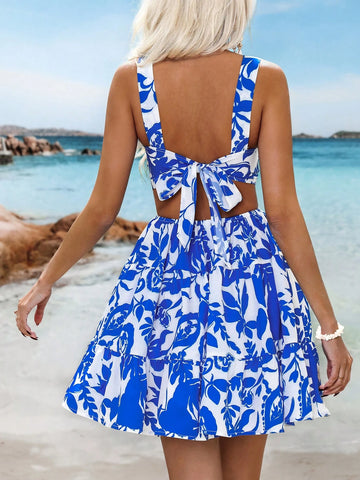 Woven Printed Open-Back Tie-Up Strap Women's Short Jumper Dress