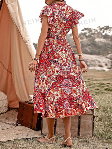 Wrap Style Paisley Pattern Print Dress With Ruffle Hem, Tie Waist And Sleeve Detail