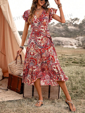 Wrap Style Paisley Pattern Print Dress With Ruffle Hem, Tie Waist And Sleeve Detail
