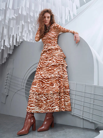 VCAY Zebra Striped Layered Hem Belted Skirt