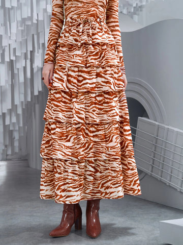 VCAY Zebra Striped Layered Hem Belted Skirt