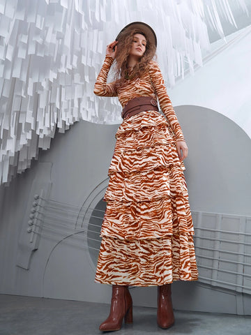 VCAY Zebra Striped Layered Hem Belted Skirt