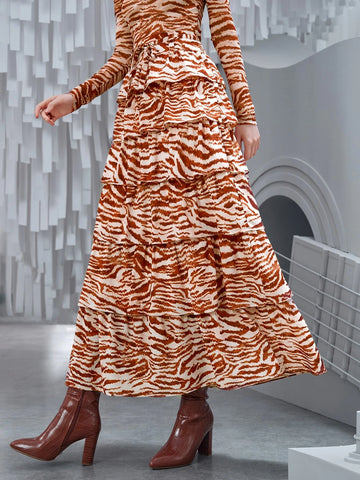 VCAY Zebra Striped Layered Hem Belted Skirt