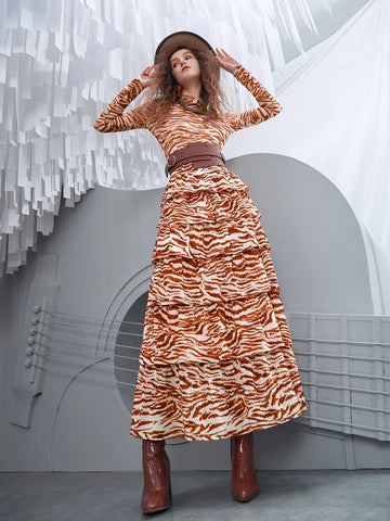 VCAY Zebra Striped Layered Hem Belted Skirt