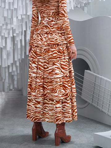 VCAY Zebra Striped Layered Hem Belted Skirt