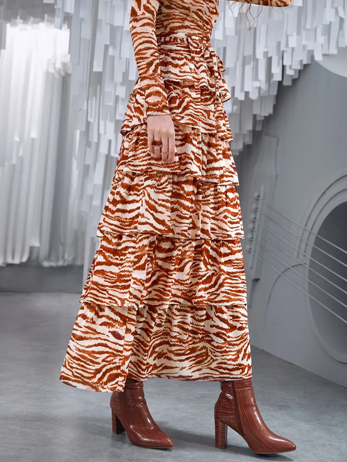 VCAY Zebra Striped Layered Hem Belted Skirt