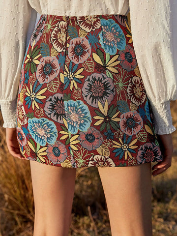 VCAY Zip Back Floral Jacquard Skirt