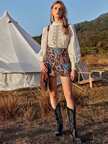 VCAY Zip Back Floral Jacquard Skirt