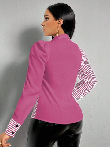Women Striped Panel Long Sleeve Button-Down Casual Shirt For Autumn
