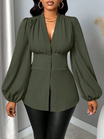 Women's Autumn Solid Color V-Neck Lantern Sleeve Waist Cinching Elegant Blouse