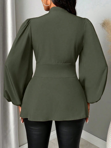 Women's Autumn Solid Color V-Neck Lantern Sleeve Waist Cinching Elegant Blouse