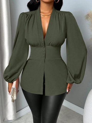 Women's Autumn Solid Color V-Neck Lantern Sleeve Waist Cinching Elegant Blouse