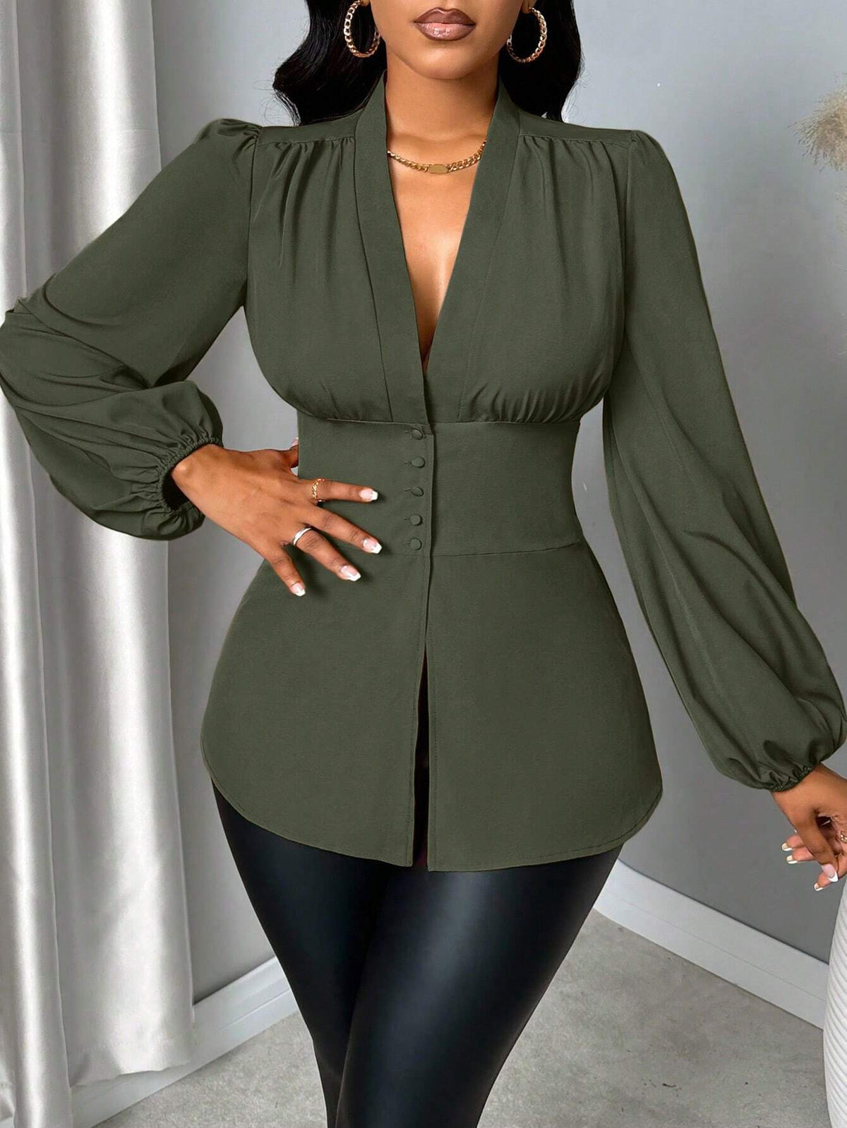 Women's Autumn Solid Color V-Neck Lantern Sleeve Waist Cinching Elegant Blouse